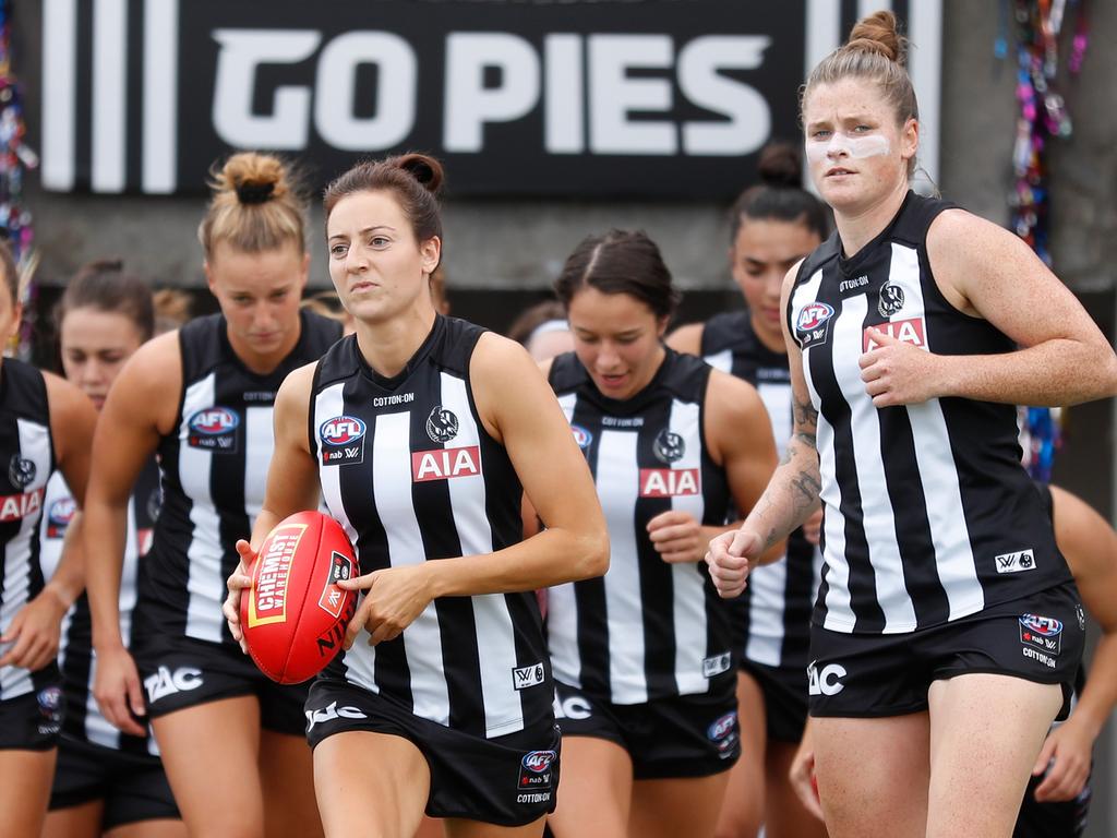 Collingwood AFLW co-captains Stephanie Chiocci and Brianna Davey are among those leading the Pies backing of Eddie Betts. Picture: AFL Photos/Getty Images