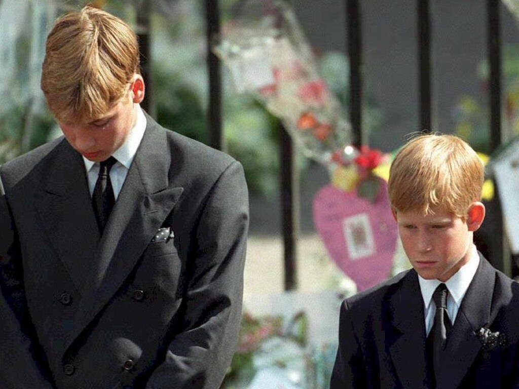 Prince William and Prince Harry united in grief at their mother’s funeral. Picture: AFP