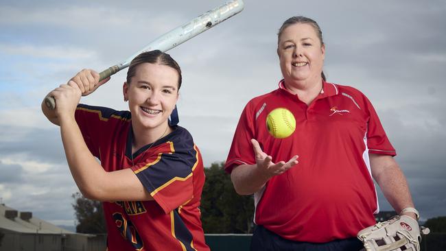 Lucy Weatherstone, 14, with mum Kylie Weatherstone at Barratt Reserve in West Beach, where Lucy is following in her mum's footsteps after taking home two grand finals. Picture: Matt Loxton