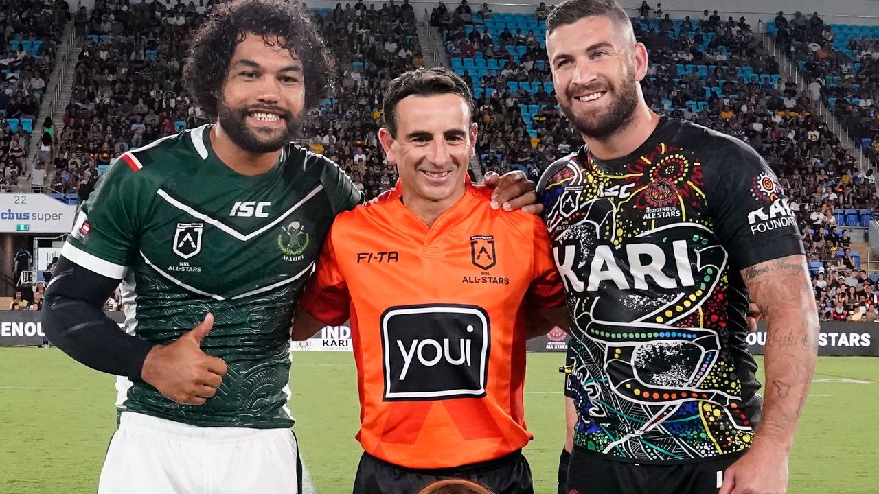 Referee Gerard Sutton poses with Adam Blair and Joel Thompson.