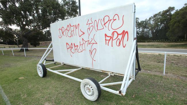 Vandals graffitied on walls and sight scenes at the South Barwon Reserve on Monday morning. Picture: Alan Barber