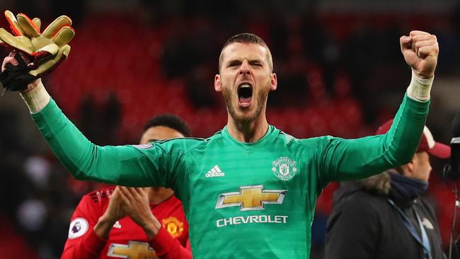 LONDON, ENGLAND - JANUARY 13:  David De Gea of Manchester United celebrates victory after the Premier League match between Tottenham Hotspur and Manchester United at Wembley Stadium on January 13, 2019 in London, United Kingdom.  (Photo by Catherine Ivill/Getty Images)