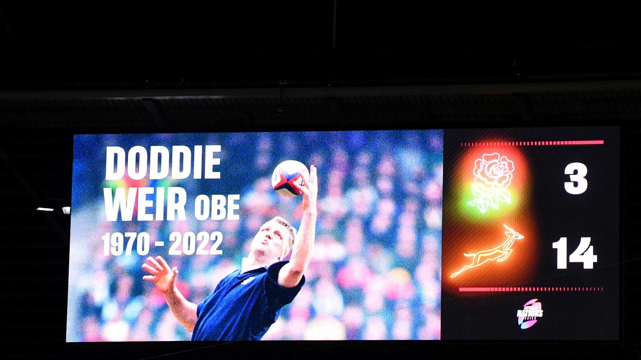 The LED screen shows a message in remembrance of Doddie Weir OBE. (Photo by Tom Dulat/Getty Images)