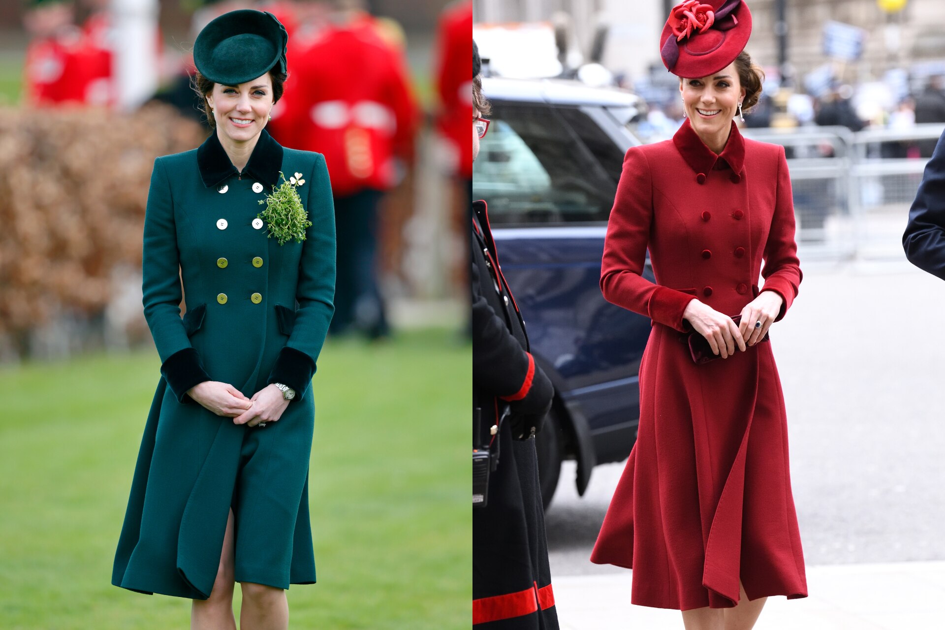 <h3>Catherine Walker bespoke coat</h3><p>Worn in green in 2017; and in red in 2020.</p>