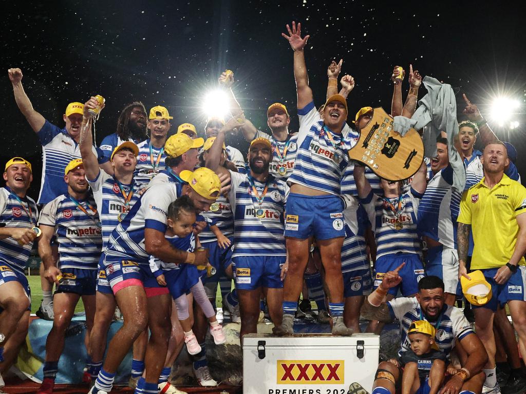 Cairns Brothers celebrate winning the FNQRL A grade premiership after beating the Ivanhoe Knights 18 points to 14 in the grand final match at Barlow Park. Picture: Brendan Radke