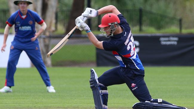 Matthew Underwood gets on the front foot for Footscray. Picture: Hamish Blair