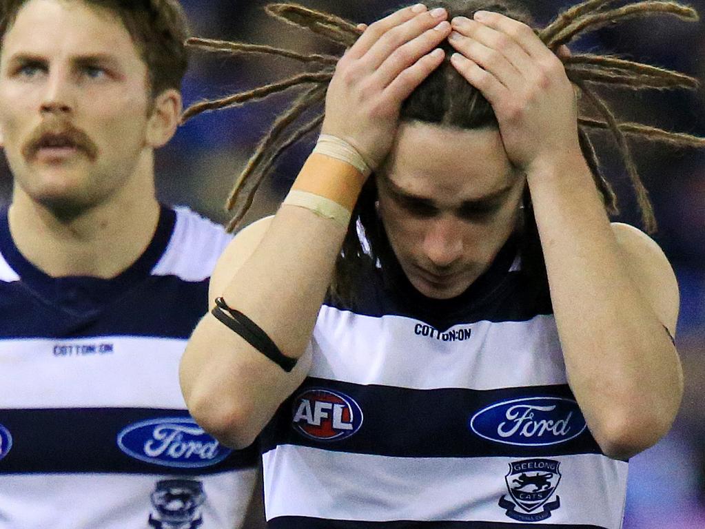 2019 AFL Round 16 - Western Bulldogs V Geelong at Marvel Stadium. Gryan Miers of the Cats drops his head after the loss. Picture: Mark Stewart