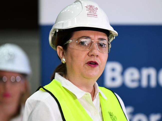 Queensland Premier Annastacia Palaszczuk is seen during a media opportunity at the Cross River Rail's Roma street station construction site in Brisbane, Thursday, May 14, 2020. (AAP Image/Dan Peled) NO ARCHIVING