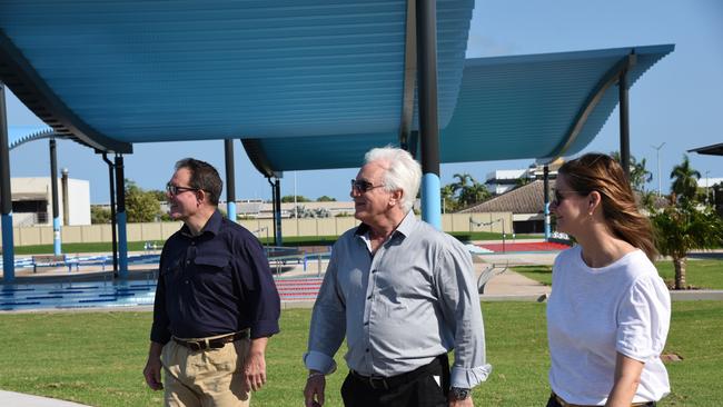 Federal Solomon MP Luke Gosling, Darwin Lord Mayor Kon Vatskalis and City of Darwin CEO Simone Saunders at an event announcing the opening date of the new $26.8m Casuarina Aquatic and Leisure Centre. Picture: Alex Treacy