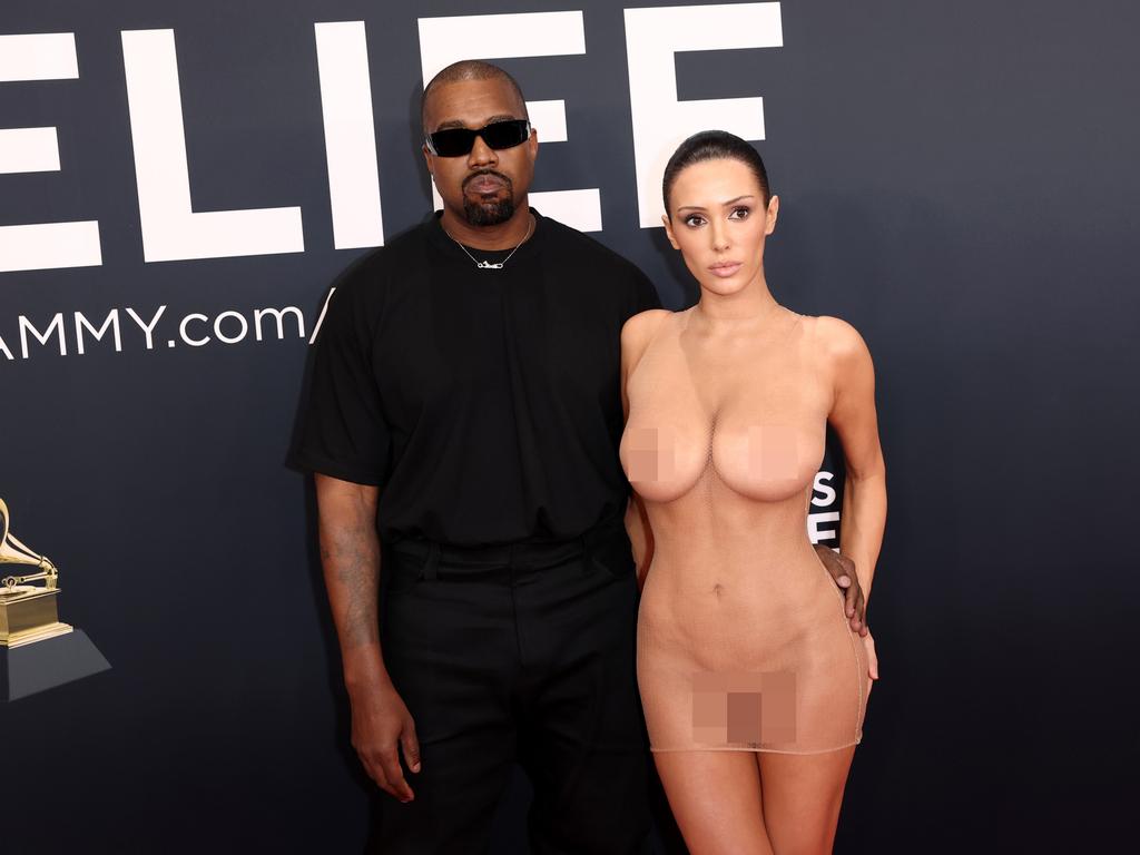 Kanye West and Bianca Censori at the Grammys after the infamous “invisible dress” reveal. Picture: Getty Images for The Recording Academy