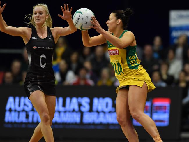 Madi Robinson of the Australian Diamonds in action during game 2 of the Constellation Cup netball test series between the Australian Diamonds and the New Zealand Silver Ferns at The Silverdome, in Launceston, Wednesday, Oct. 12, 2016. (AAP Image/Scott Gelston) NO ARCHIVING, EDITORIAL USE ONLY