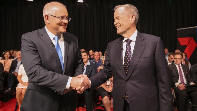 Australian Prime Minister Scott Morrison and Opposition Leader Bill Shorten before the first leaders forum at the Seven West Media Studios in Perth. Picture: Nic Ellis/AAP