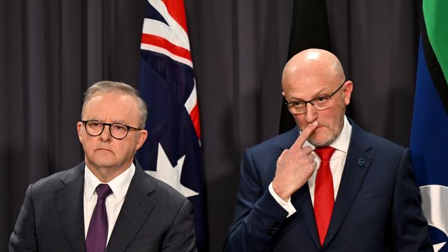 Anthony Albanese and ASIO Director-General Mike Burgess speak during a press conference at Parliament House.