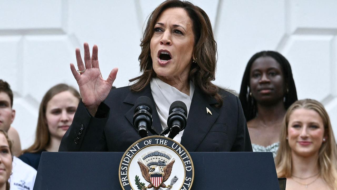 US Vice President Kamala Harris speaks during an event honouring National Collegiate Athletic Association (NCAA) championship teams from the 2023-2024 season. Picture: Brendan Smialowski/AFP