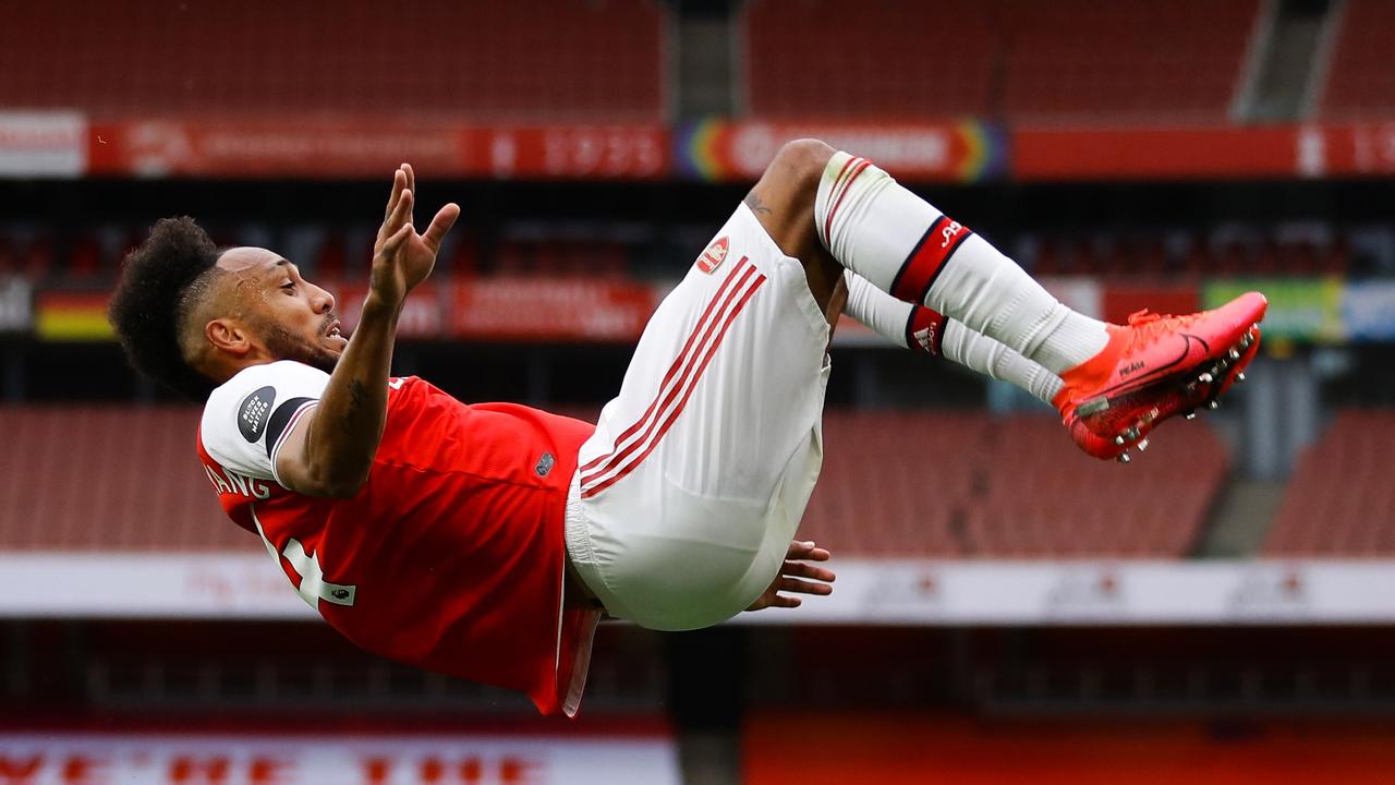 Arsenal's Gabonese striker Pierre-Emerick Aubameyang celebrates after scoring.