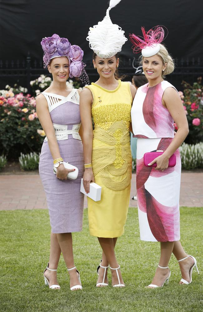 Melbourne Cup Day 2014 Myer Fashion in the Field at Flemington Racecourse. Dayna Dennett, Shauna Dennett and Nikki Gogan. Picture: David Caird.