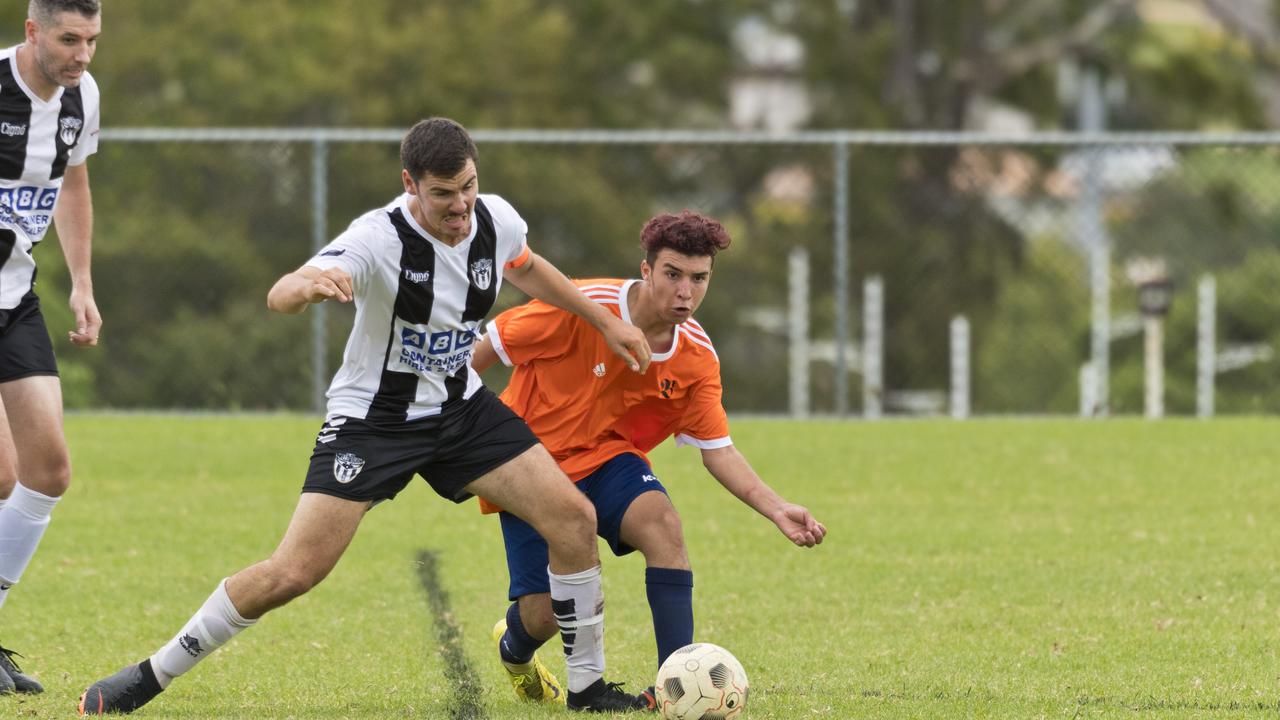 Willowburn captain Beau Partridge (left) and Saher Khidir of Hawks in Toowoomba Football League Premier Men round one at West Wanderers field two, Sunday, March 8, 2020. Picture: Kevin Farmer