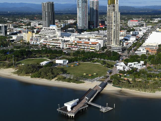 An aerial view of Broadwater Parklands in Southport, the southern end of which has become a popular venue for outdoor music events. Image: AAP/Dave Hunt.