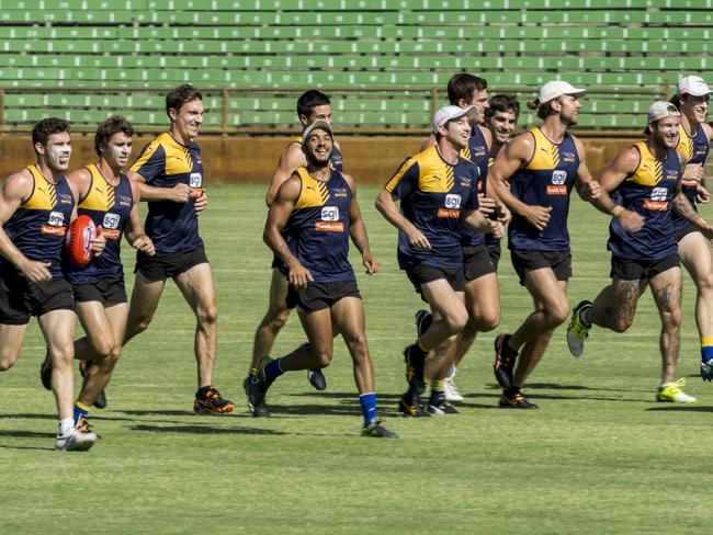 West Coast Eagles players during an open training session at Subiaco Oval on Wednesday. Picture: Matthew Poon