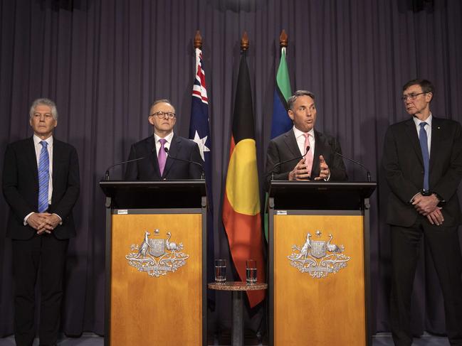 CANBERRA, AUSTRALIA NewsWire Photos - AUGUST 03, 2022: Prime Minister Anthony Albanese and Defence Minister Richard Marles with Sir Angus Houston and Professor Stephen Smith spoke to media during a press conference, relating to major defence overhauls, at Parliament House in Canberra. Picture: NCA NewsWire / Gary Ramage