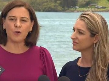 LNP leader Deb Frecklington and candidate for the seat of Currumbin Laura Gerber at a press conference in Currumbin. Picture: Nine Gold Coast News.