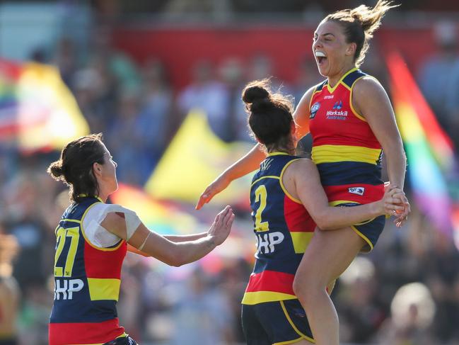 Ebony Marinoff celebrates the Crows victory over St Kilda in 2020. Picture: MATT TURNER/AFL PHOTOS VIA GETTY IMAGES