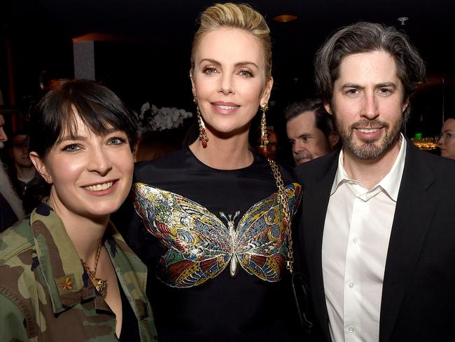 Writer Diablo Cody, actress Charlize Theron and director Jason Reitman pose at the Los Angeles premiere of Tully last month. Picture: Kevin Winter/Getty Images