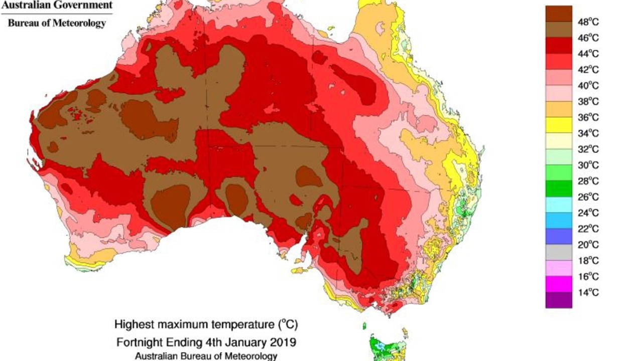 In the fortnight to January 4, large tracts of the country hit 48C at least once with populated parts of South Australia and Victoria seeing the mercury get above 42C. Picture: Bureau of Meteorology