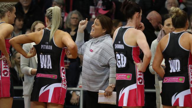 Tania Obst, Coach of the Thunderbirds during the Round 13 Super Netball match against the GWS Giants at Priceline Stadium. AAP Image/Kelly Barnes