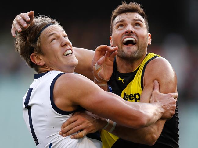 MELBOURNE, AUSTRALIA - JUNE 17: Rhys Stanley of the Cats and Toby Nankervis of the Tigers compete in a ruck contest during the 2018 AFL round 13 match between the Geelong Cats and the Richmond Tigers at the Melbourne Cricket Ground on June 17, 2018 in Melbourne, Australia. (Photo by Michael Willson/AFL Media/Getty Images)