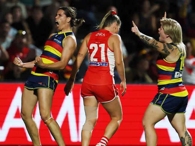 ADELAIDE, AUSTRALIA - NOVEMBER 18: Chelsea Randall of the Crows celebrates a goal during the 2023 AFLW First Semi Final match between The Adelaide Crows and The Sydney Swans at Norwood Oval on November 18, 2023 in Adelaide, Australia. (Photo by James Elsby/AFL Photos via Getty Images)