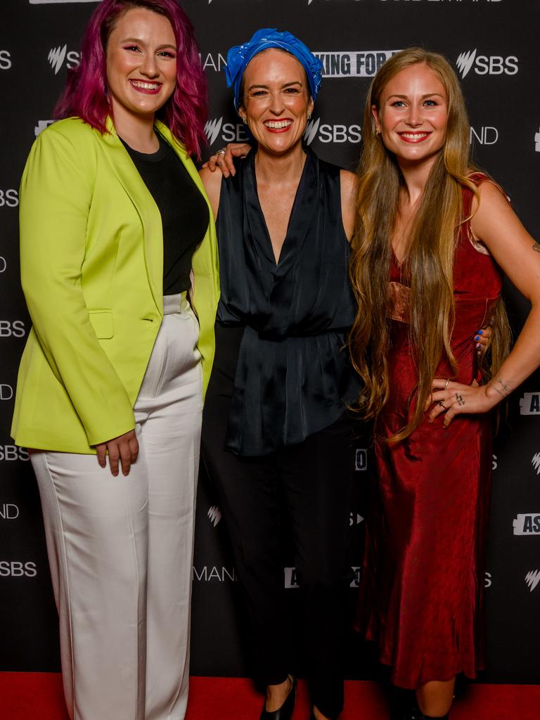 From left to right: director of advocacy at RASARA and survivor advocate Saxon Mullins, presenter and consulting producer Jess Hill, and Grace Tame. Picture: SBS