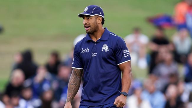 SYDNEY, AUSTRALIA - FEBRUARY 15: Viliame Kikau of the Bulldogs looks on prior to the NRL Pre-season challenge match between Canterbury Bulldogs and Melbourne Storm at Belmore Sports Ground on February 15, 2024 in Sydney, Australia. (Photo by Brendon Thorne/Getty Images)