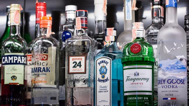 BANGKOK, THAILAND - October 23, 2017 - A variety of alcoholic beverages, Bernd, are placed on shelves in the bar for cocktails.