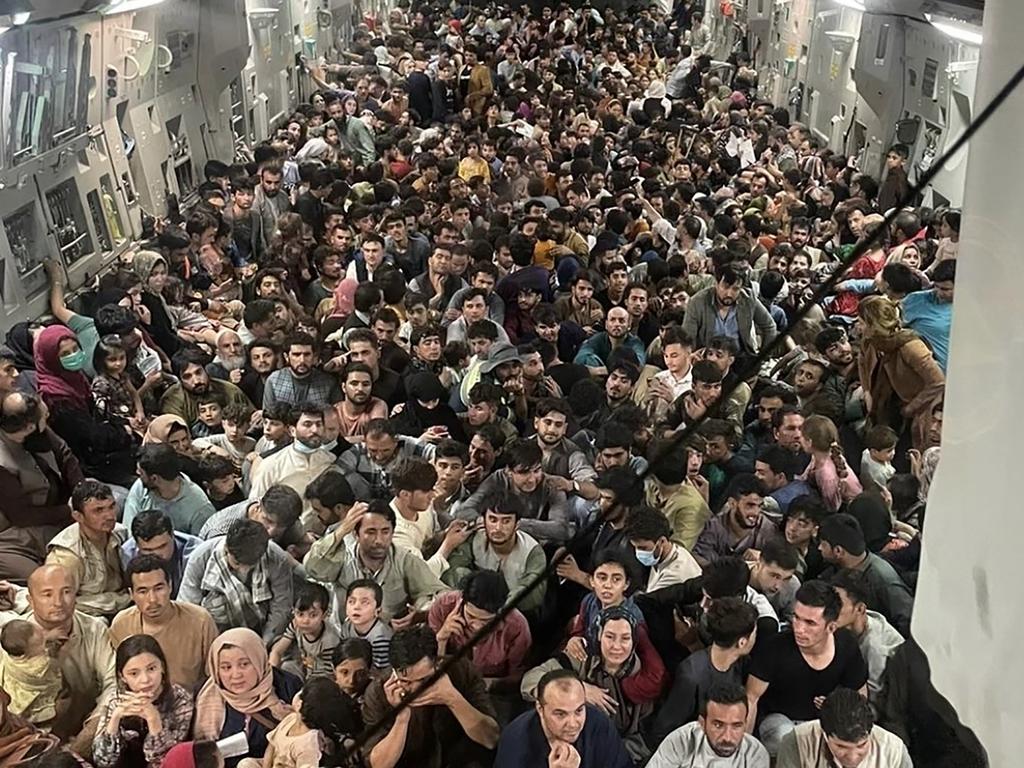 Inside Reach 871, which safely evacuated at least 640 Afghans from Kabul. Picture: Capt. Chris Herbert/US Airforce/AFP