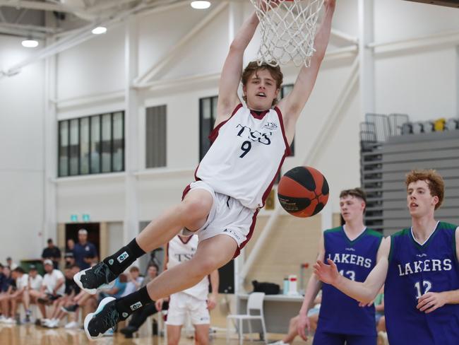 Basketball Australia Schools Championships at Carrara. Mens open final, Lake Ginninderra College Lakers V TSS (in white). Indy Cotton on fire for TSS in the final. Picture Glenn Hampson