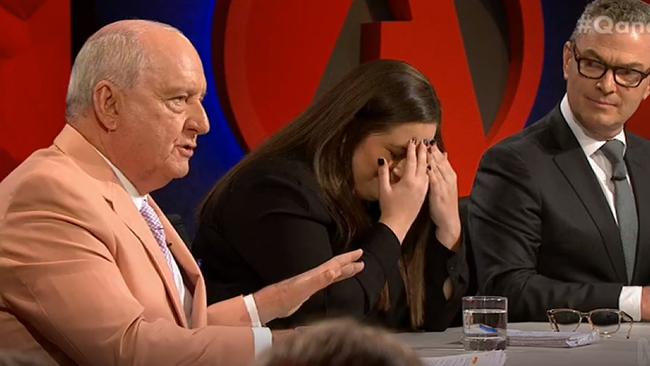 “Oh, my God,” Alice Workman said as Alan Jones was asked about climate change, with Christopher Pyne looking on.