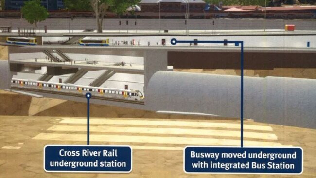 Renders of the underground bus-train integration provided by Cross River Rail in 2019. Picture: CRRDA