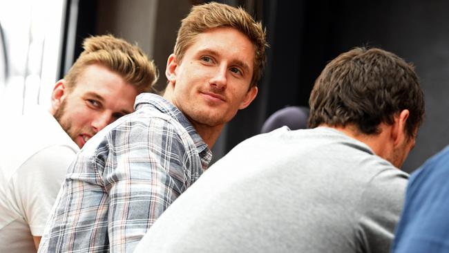 Port Adelaide players Jackson Trengove and Hamish Hartlett at the Bath Hotel in Norwood for their end of season drinks. Picture: Tom Huntley.