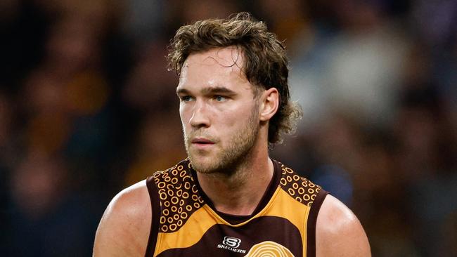 MELBOURNE, AUSTRALIA - MAY 26: Jack Scrimshaw of the Hawks looks on during the 2024 AFL Round 11 match between the Hawthorn Hawks and the Brisbane Lions at Marvel Stadium on May 26, 2024 in Melbourne, Australia. (Photo by Dylan Burns/AFL Photos via Getty Images)