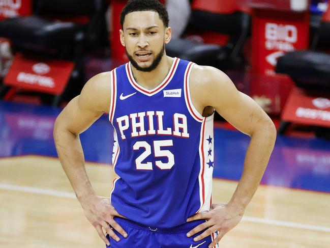 PHILADELPHIA, PENNSYLVANIA - MARCH 01: Ben Simmons #25 of the Philadelphia 76ers calls to teammates during the third quarter against the Indiana Pacers at Wells Fargo Center on March 01, 2021 in Philadelphia, Pennsylvania. NOTE TO USER: User expressly acknowledges and agrees that, by downloading and or using this photograph, User is consenting to the terms and conditions of the Getty Images License Agreement.   Tim Nwachukwu/Getty Images/AFP == FOR NEWSPAPERS, INTERNET, TELCOS & TELEVISION USE ONLY ==