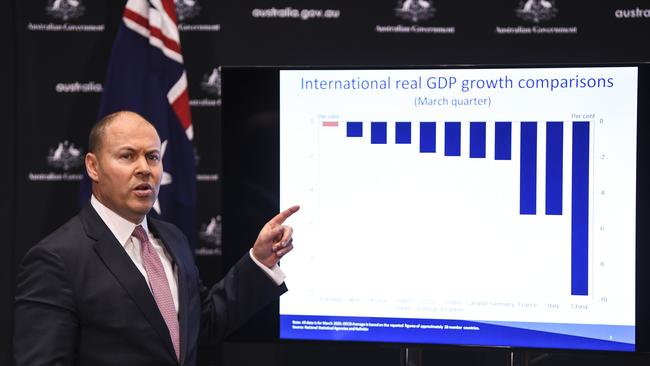 Mr Frydenberg shows a worrying-looking chart. Picture: AAP Image/Lukas Coch