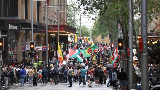 Protesters have been gathering at Town Hall in Sydney to call for peace and an end to the current Israeli occupation of Palestine. Picture: NewsWire / Damian Shaw