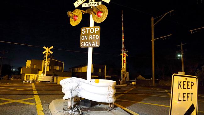 The Ford Territory crashed into a level crossing barrier near Kelvin Grove. Picture: Victoria Police