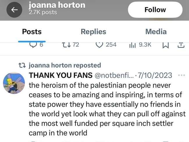 Joanna Horton retweets a message glorifying the attacks of October 7.