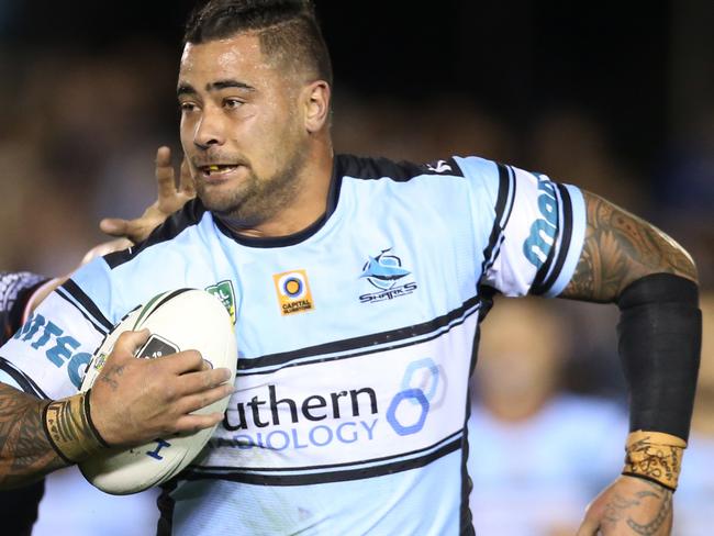 Andrew Fifita of the Sharks in action during the round 16 NRL match between the Cronulla-Sutherland Sharks and the New Zealand Warriors at Southern Cross Group Stadium in Sydney on saturday, June 25, 2016. (AAP Image/Craig Golding) NO ARCHIVING, EDITORIAL USE ONLY