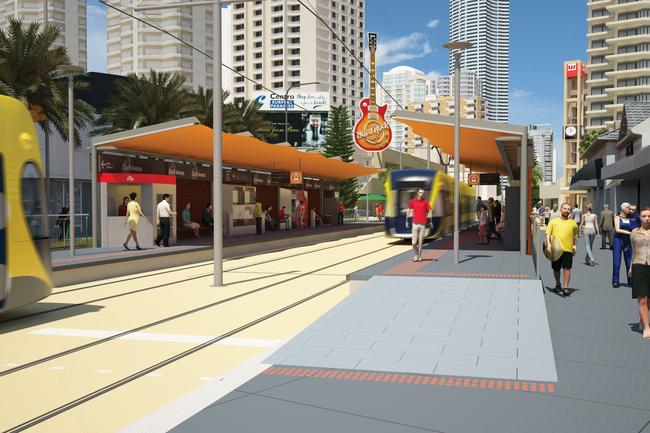 <p>2011: Gold Coast Rts Artist’s Impression Cavill Ave Station. Picture: Gold Coast Rapid Transit Project</p>