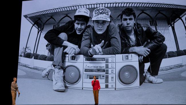 Adam "Ad Rock" Horovitz and Michael "Mike D" Diamond on stage in Brooklyn making Beastie Boys Story for Apple TV+.