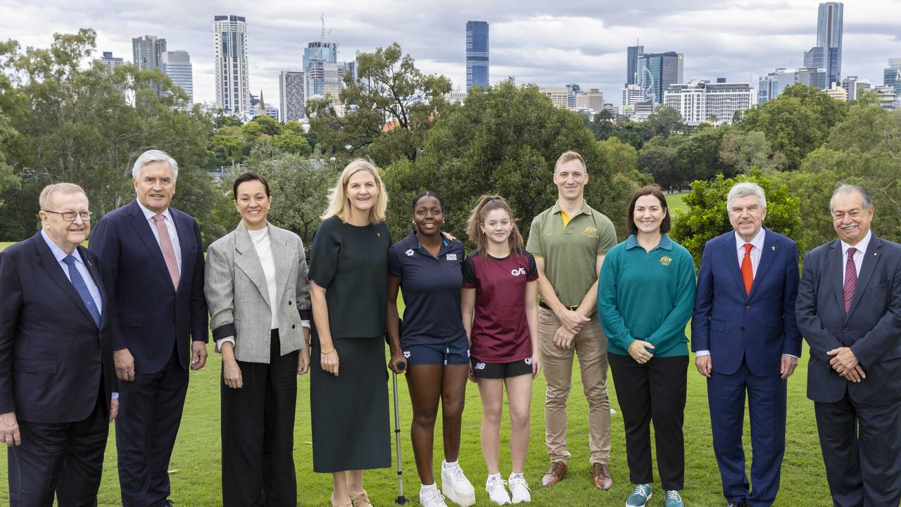 John Coates, Ian Chesterman, Mikaela Cojuangco-Jaworski, Kirsty Coventry, Victoria Belando Nicholson, Maggie Grey, Korey Boddington, Anna Meares, Thomas Bach and Andrew Liveris at Brisbane’s Victoria Park. Picture: Richard Walker