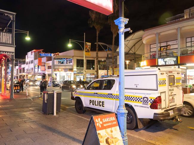 Police presence can be seen along Hindley Street on a Friday night in Adelaide, Kaurna Yarta on Friday, March 31, 2023. The Advertiser/ Morgan Sette